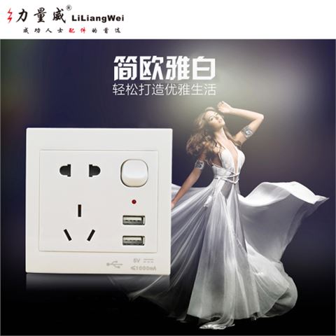 力量威 五孔插座帶雙USB墻壁插座面板 開(kāi)關(guān)插座面板 USB充電插座
